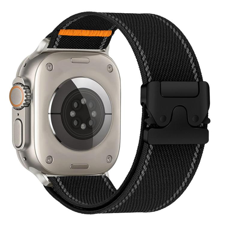 Black woven nylon Apple Watch band with gray stitching and dark buckle