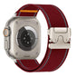Burgundy woven nylon watch band with reflective stitching and silver umbrella buckle on a smartwatch.