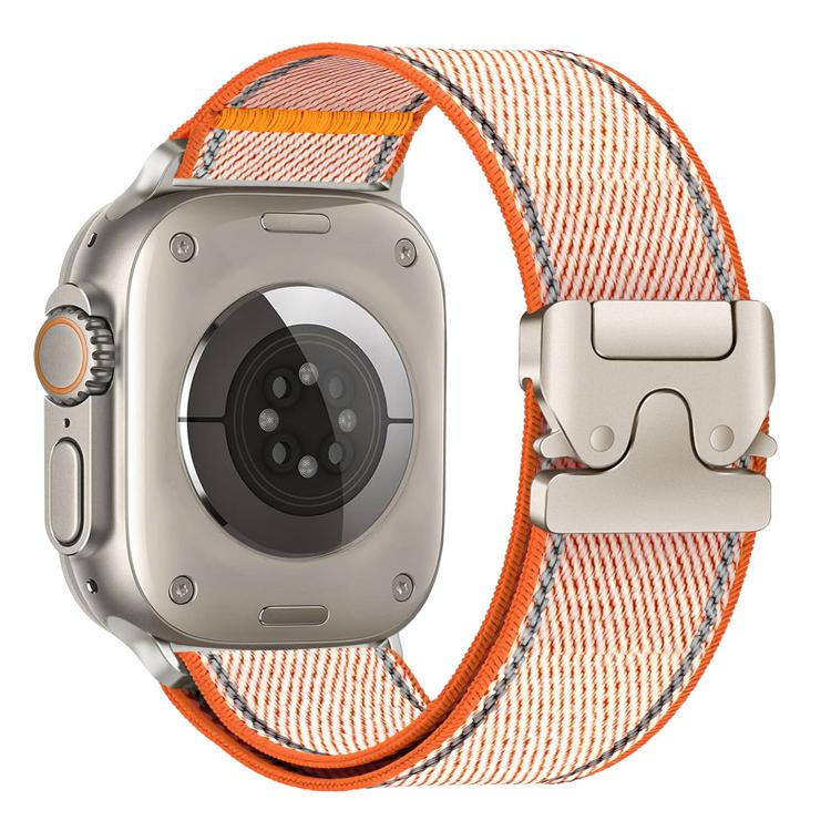 Starlight and orange woven nylon Apple Watch band with orange edging and gray stitching