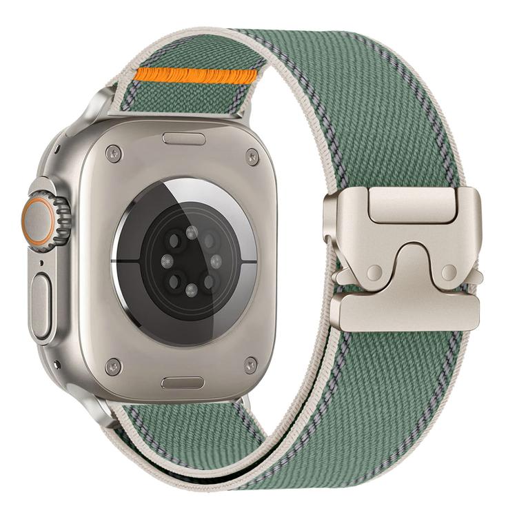 Pine green woven nylon Apple Watch band with white trim, gray stitching and metal buckle