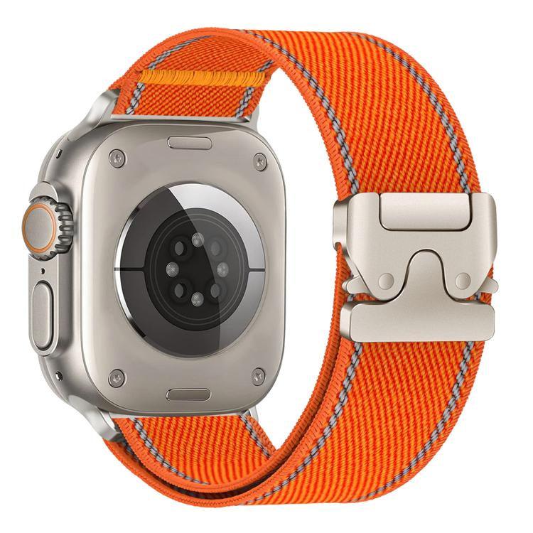 Orange woven nylon watch band with reflective stitching and silver umbrella buckle on a smartwatch.