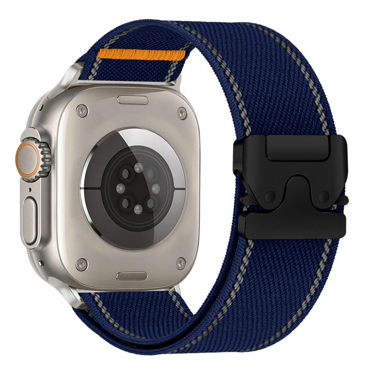 Navy woven nylon watch band with reflective stitching, orange accent, and black buckle