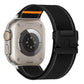 Black woven nylon watch band with reflective stitching, orange accent, and black buckle