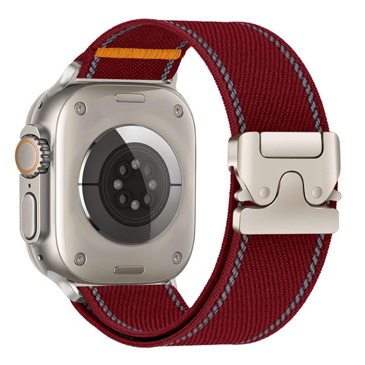 Burgundy woven nylon watch band with reflective stitching and light metal buckle