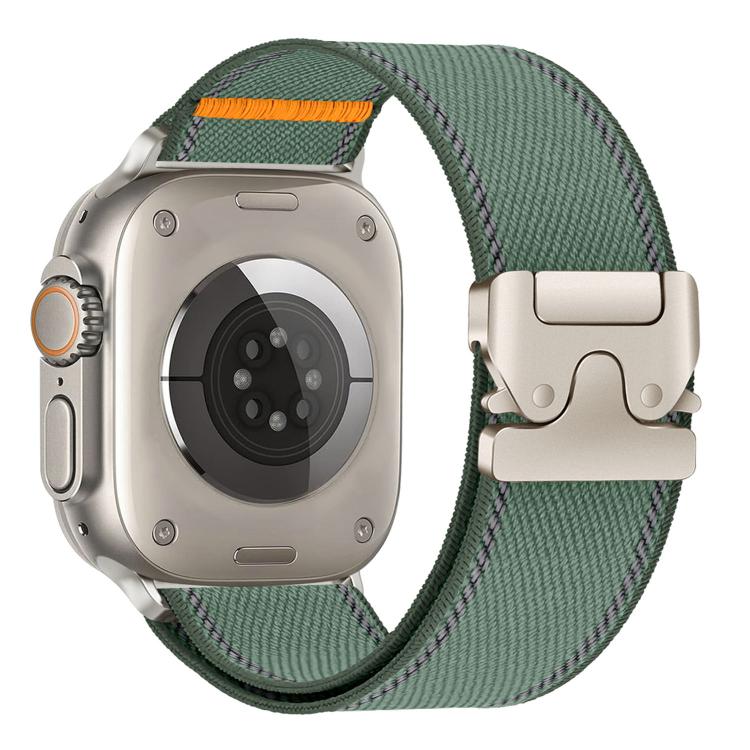 Pine green woven nylon watch band with green trim and light metal buckle