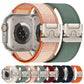 Woven nylon watch bands in orange-white and pine green, shown with matching watches