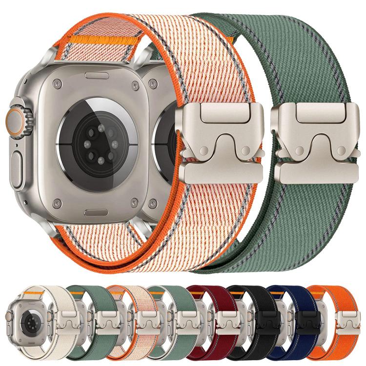 Woven nylon watch bands in orange-white and pine green, shown with matching watches