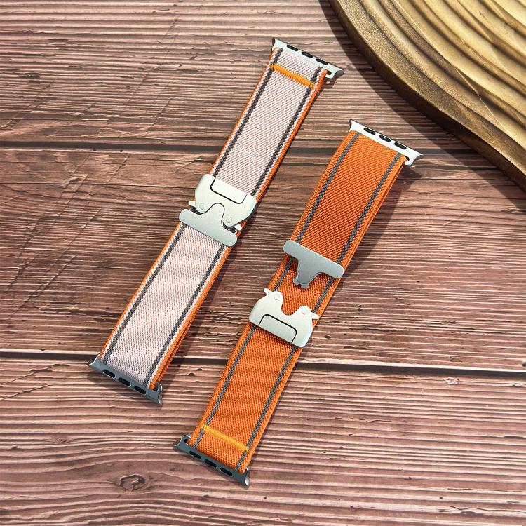 White and orange woven nylon watch bands with reflective stitching and light metal buckles