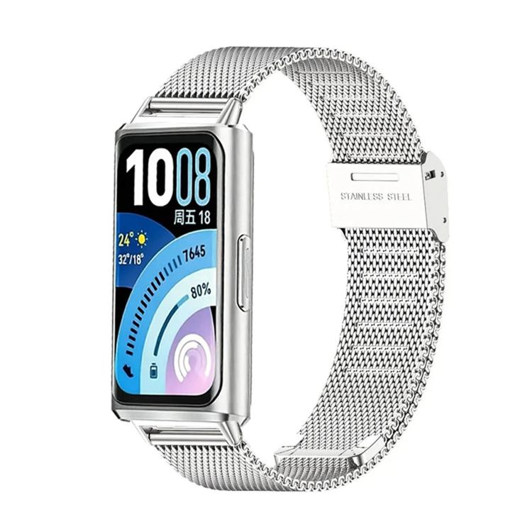 Silver stainless steel mesh watch band fitted to a Huawei fitness tracker