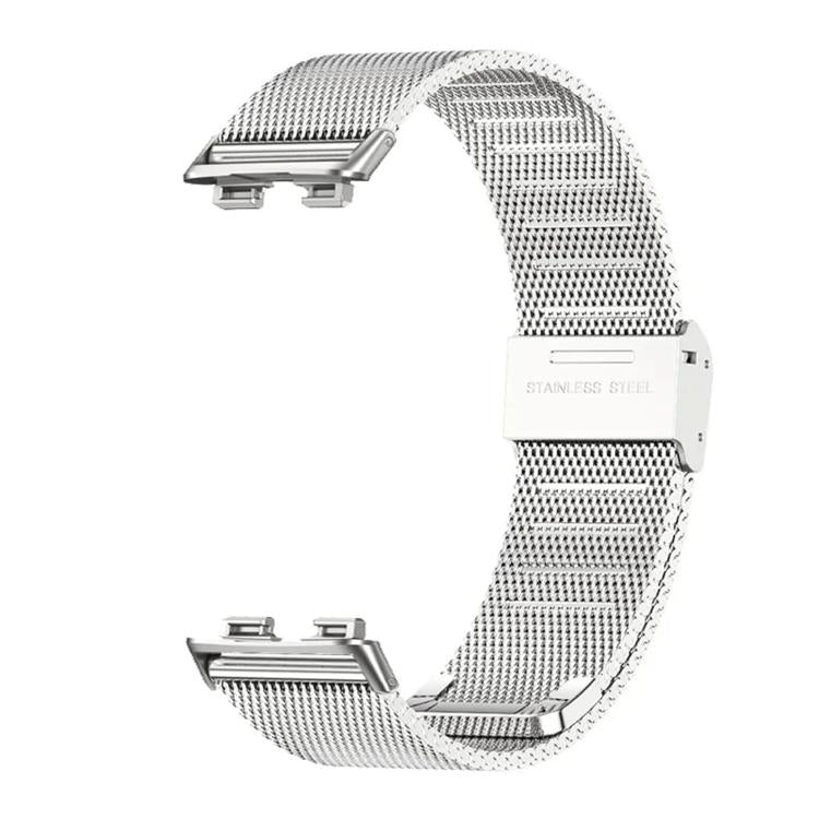 Silver stainless steel mesh watch band with sliding magnetic clasp and connector ends