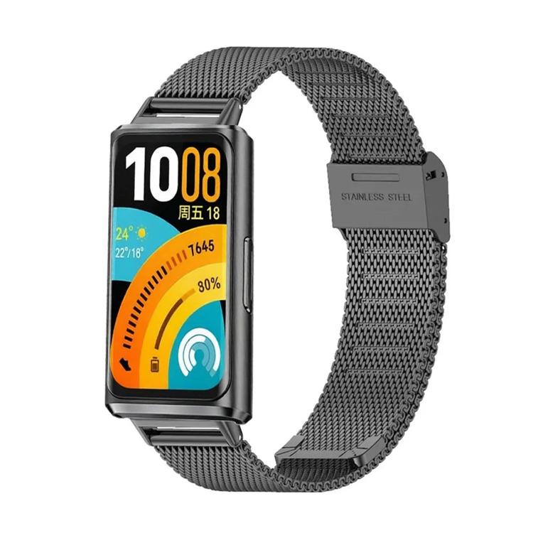 Black stainless steel mesh watch band fitted to a Huawei fitness tracker
