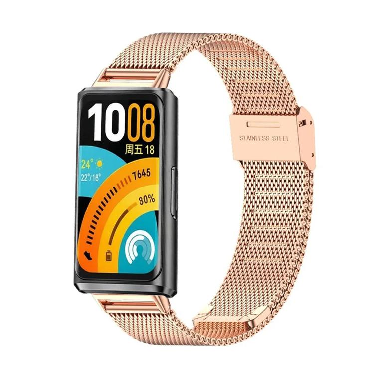 Rose gold stainless steel mesh watch band fitted to a Huawei fitness tracker