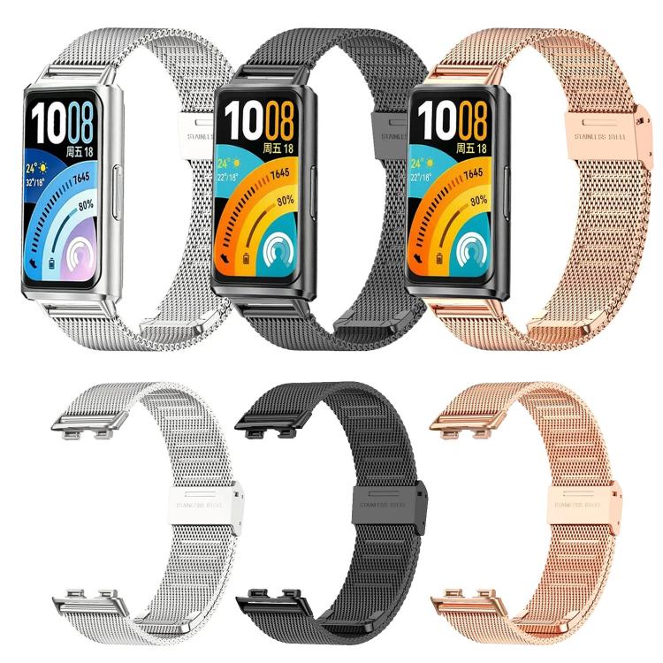 Stainless steel mesh watch bands in silver, black, and rose gold, shown with and without trackers