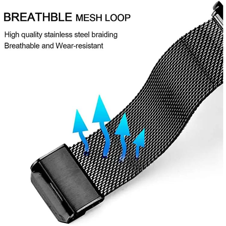 Black stainless steel mesh watch band close-up showing its woven texture and connector end