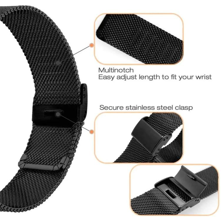 Black stainless steel mesh watch band with adjustable magnetic clasp details