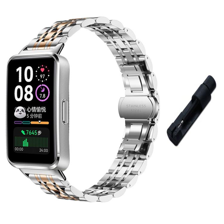 Silver watch band with rose gold accent links, smartwatch, and removal tool