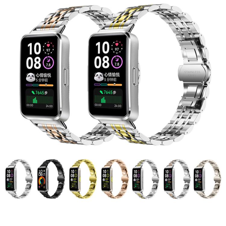 Two-tone stainless steel watch bands shown in silver, gold, and rose gold finishes
