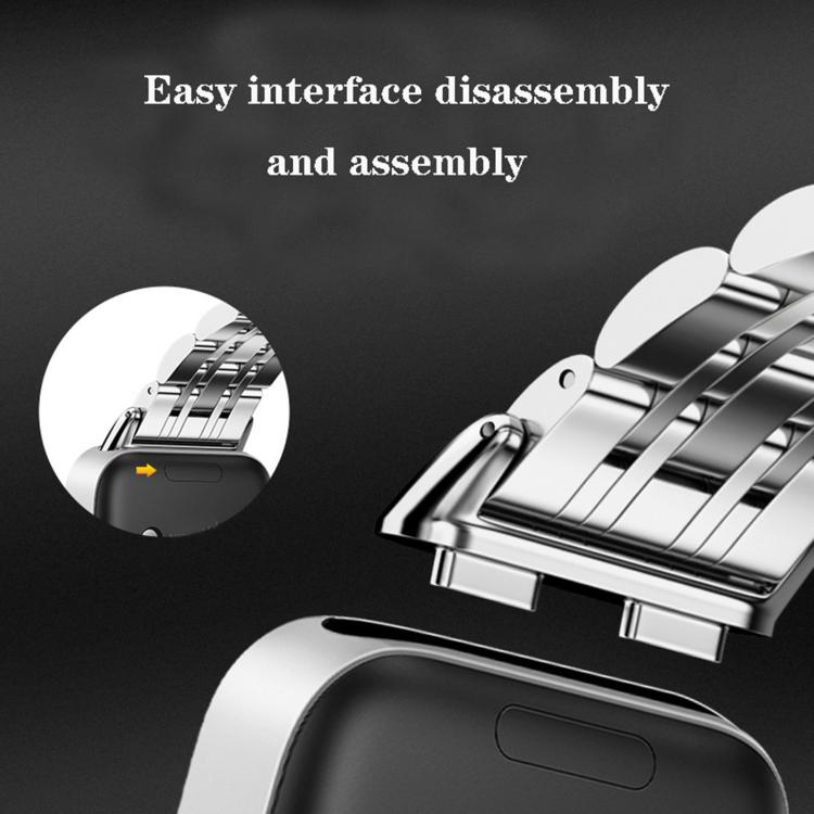 Close-up of stainless steel watch band connectors and smartwatch attachment