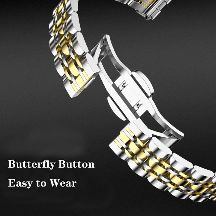 Two-tone stainless steel watch band with seven-bead links and open butterfly clasp