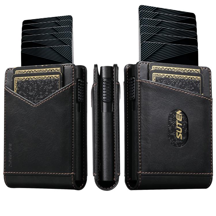 Black oil-wax pattern multi-card slot wallet with button closure and card pockets