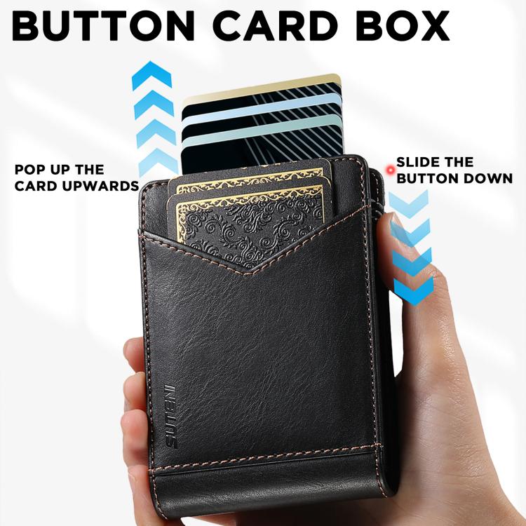 Black button card box wallet with multiple card slots and pop-up front