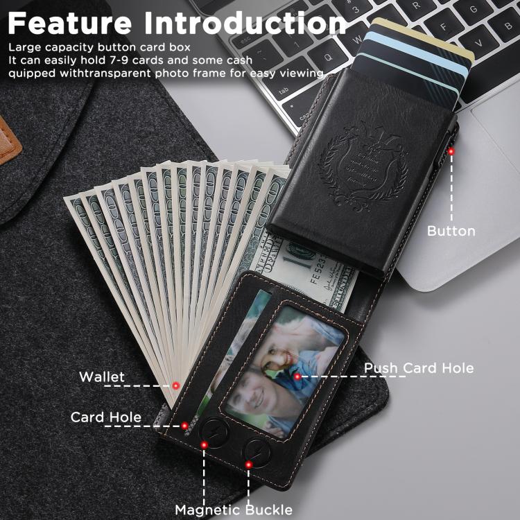 Black multi-card wallet with transparent photo frame slot and card pocket compartments