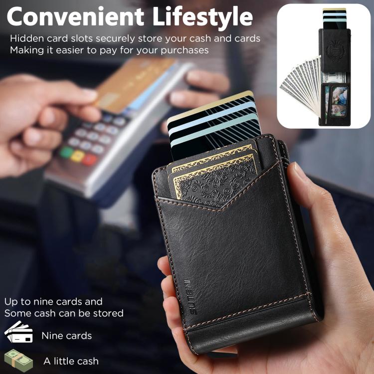 Black multi-card slot wallet with gold-tone card pocket and clear photo window