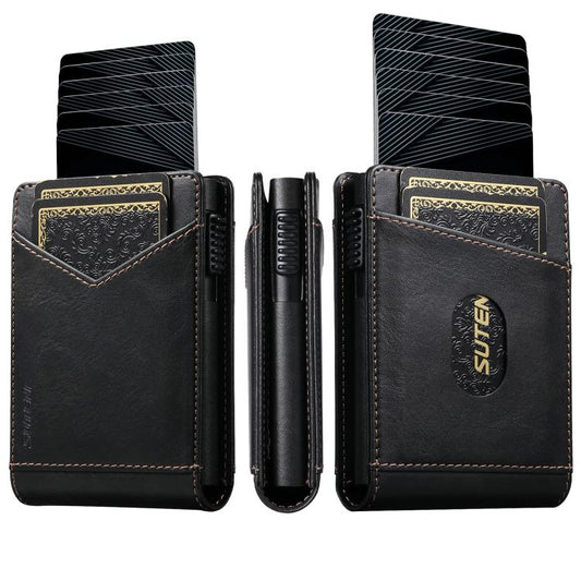 Black oil-wax pattern multi-card slot wallet with button closure and card pockets