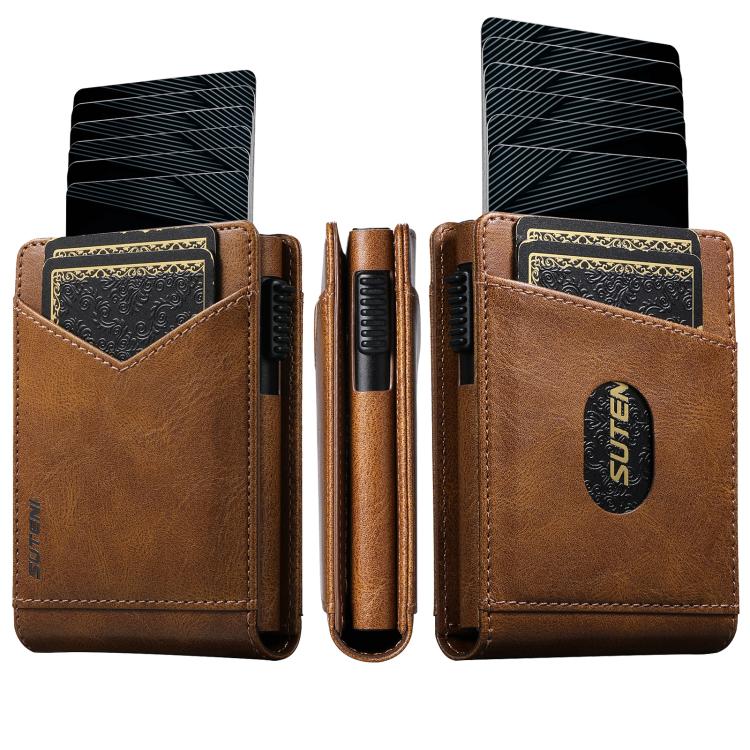Brown oil-wax pattern multi-card slot wallet with button closure and card pockets