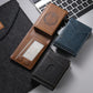Brown and blue leather card holder wallet with card slot panels and stitched edges
