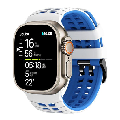 White and blue perforated silicone watch band fitted to a smartwatch.