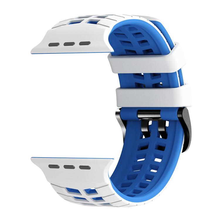 White and blue perforated silicone watch band with double keeper loops and buckle.