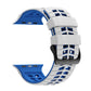 Reverse side of white and blue silicone watch band with perforations and buckle.