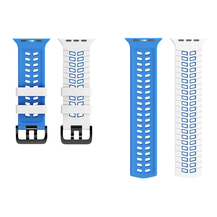 White and blue silicone watch band shown as separate strap pieces with perforated design.