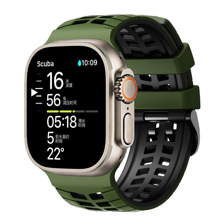 Two-tone silicone watch band with tire-tread slots, green exterior and black interior