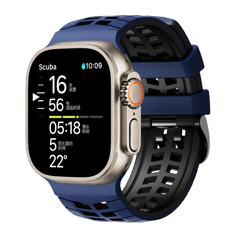 Two-tone silicone watch band with tire-tread slots, blue exterior and black interior