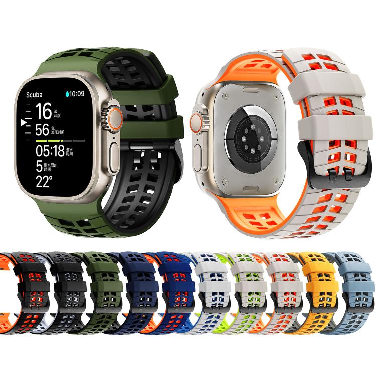 Silicone watch bands with tire-tread slots shown on watches and in assorted color combinations