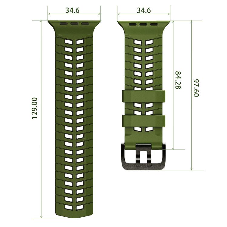 Green silicone watch band with tire-tread slots, buckle and dimensions