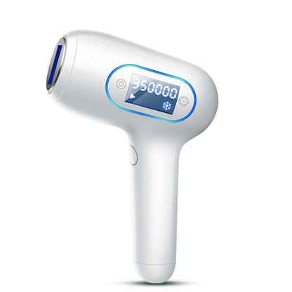 Handheld white IPL hair removal device with blue display and curved light window