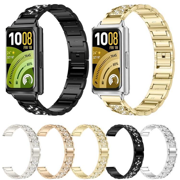 Metal smartwatch bands in black and gold shown with watch faces and color options