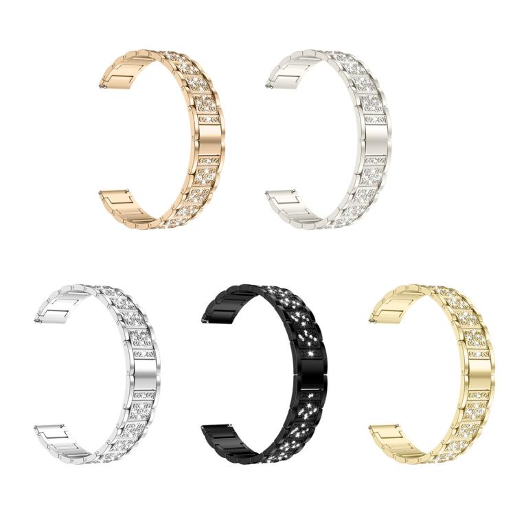 Five metal smartwatch bands in rose gold, silver, black, and gold finishes