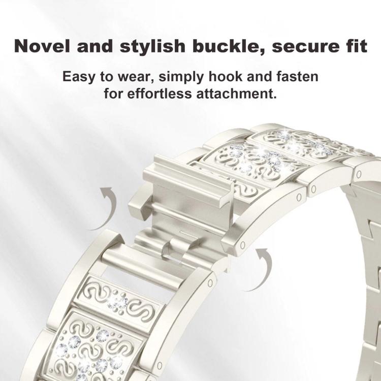 Silver metal watch band clasp with engraved, jeweled links
