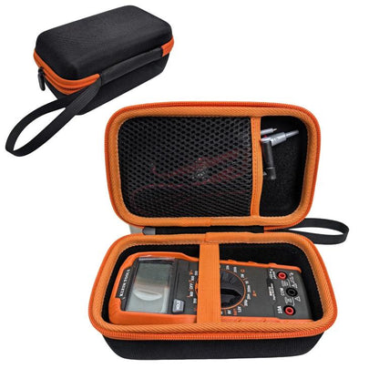 Hard multimeter storage case with orange zipper and carry strap