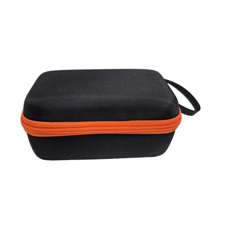 Closed hard multimeter storage case in dark fabric with orange edge