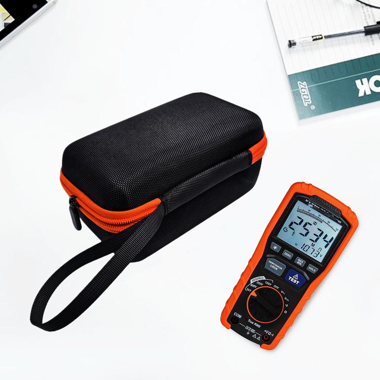 Hard storage case with orange zipper, showing a multimeter and test leads inside