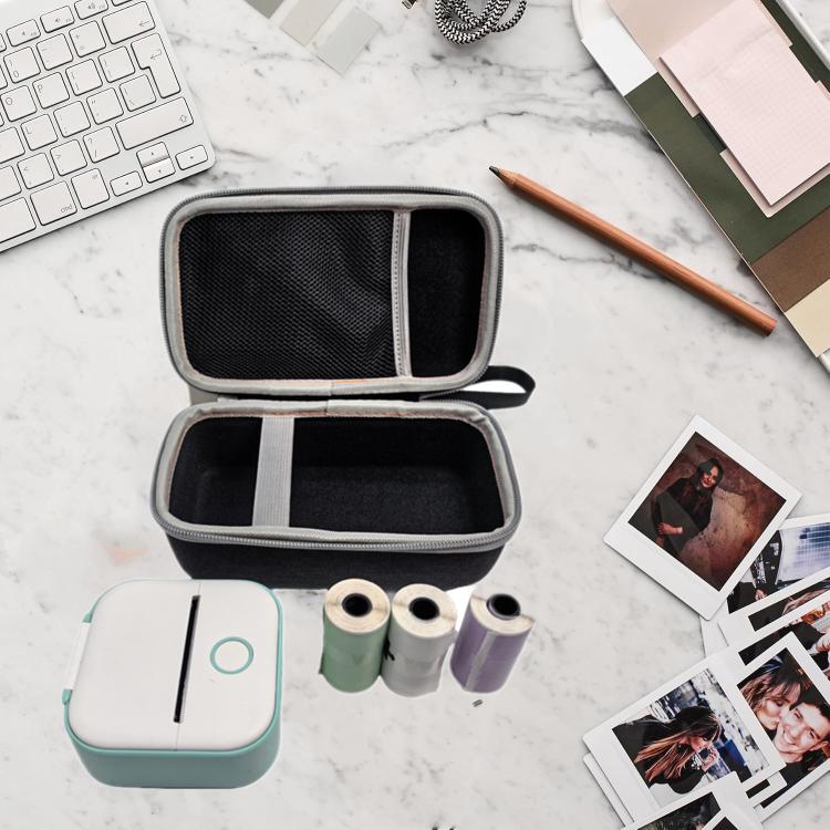 Mini printer protective case open, showing device and ink rolls with divider