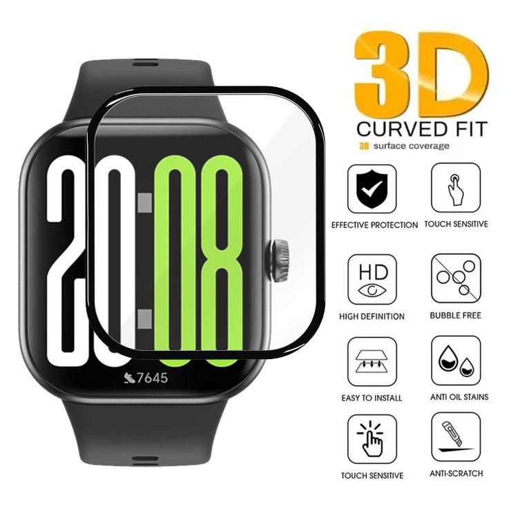 Watch screen protector with curved full-cover edges and protective feature icons.