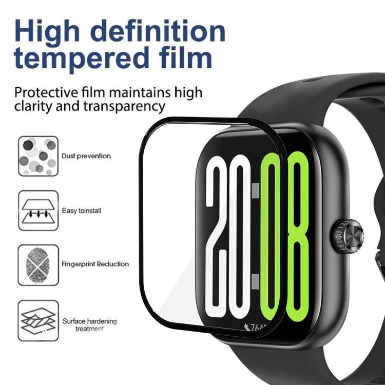 Clear tempered film watch protector shown beside a smartwatch face.