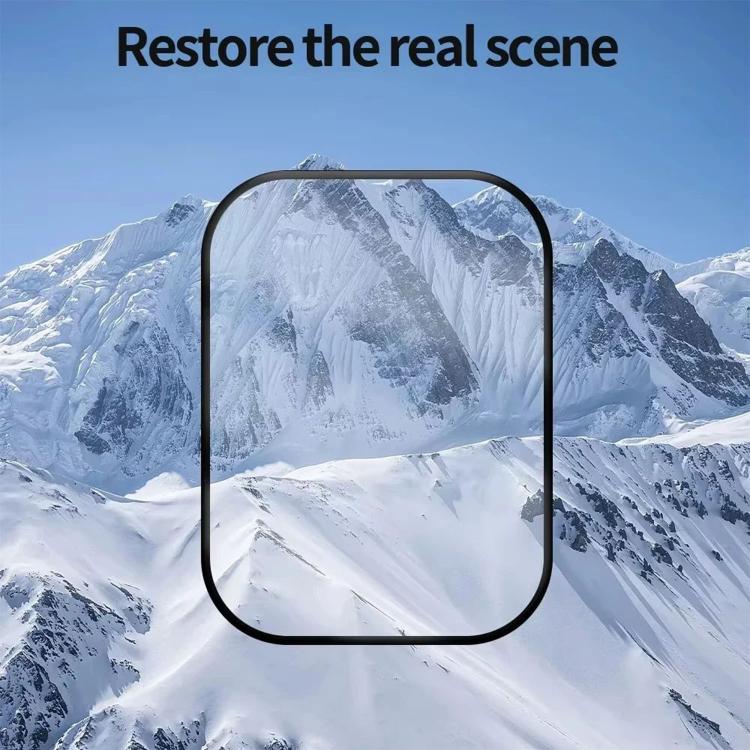 Transparent curved watch screen protector shown against a mountain scene.