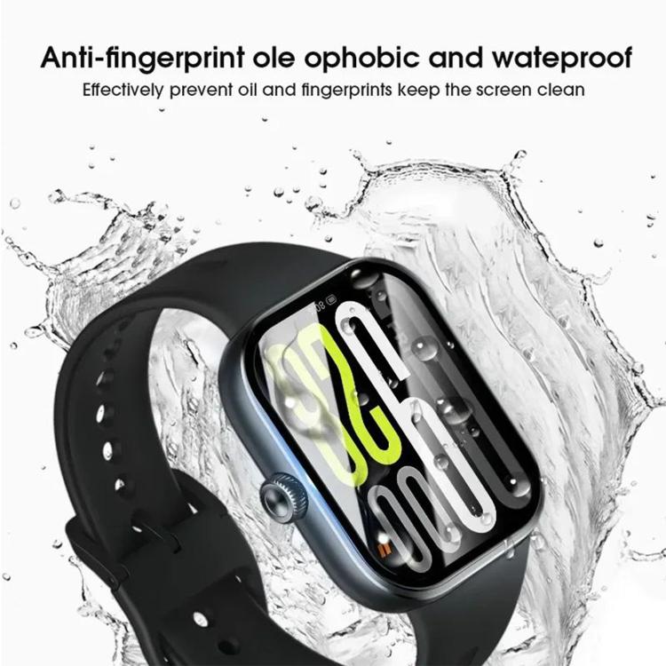 Watch screen protector on a black smartwatch amid water droplets.